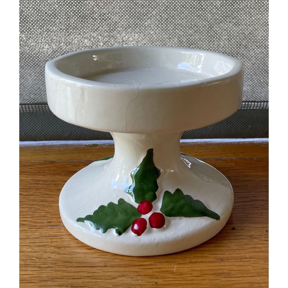Vintage Made in Portugal Holly Berry Ceramic Christmas Pedestal Candle Holder